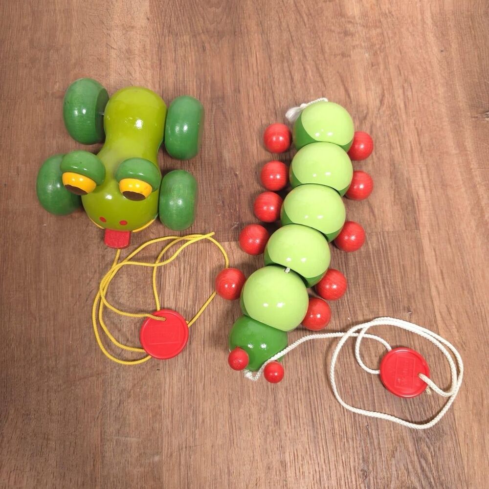Walter Spielwaren Wooden Pull‎ Along Toy Bundle Frog + Caterpillar West Germany